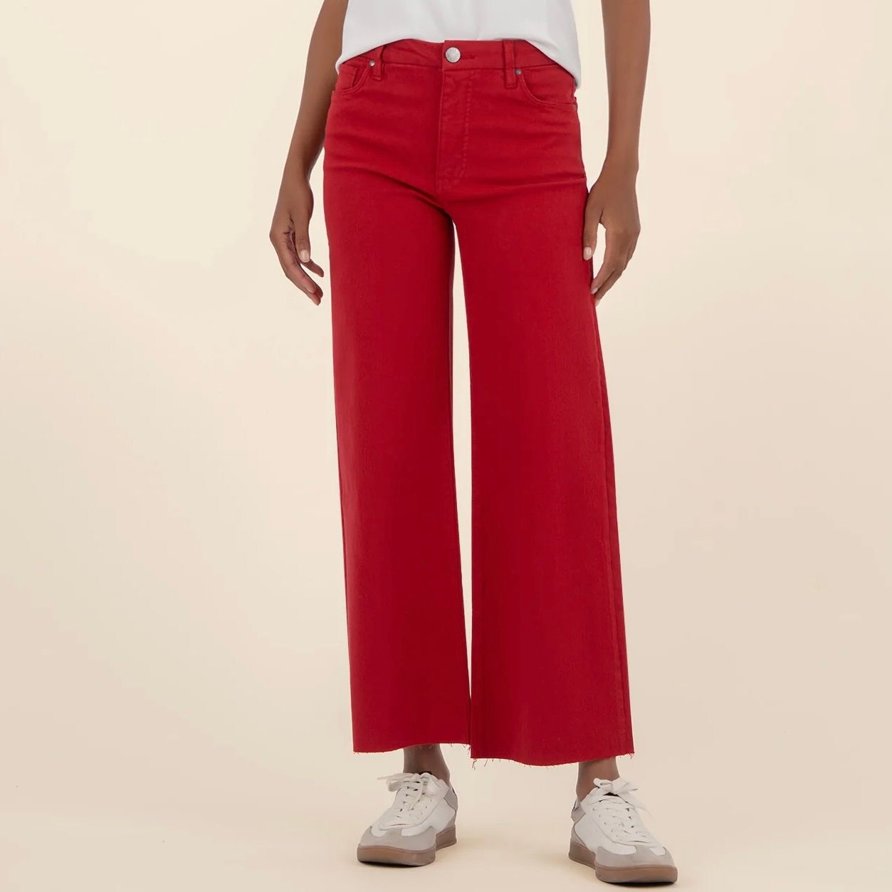 Meg High Rise, Wide Leg, Raw Hem Jean, Ruby Red - SALE -