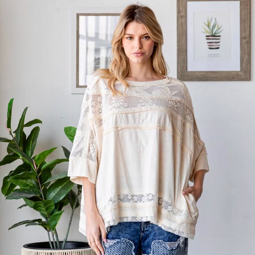 Lace Contrast Boxy Loose Top - SALE -