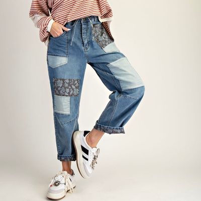 Mixed Print Barrel Stretch Denim Pant