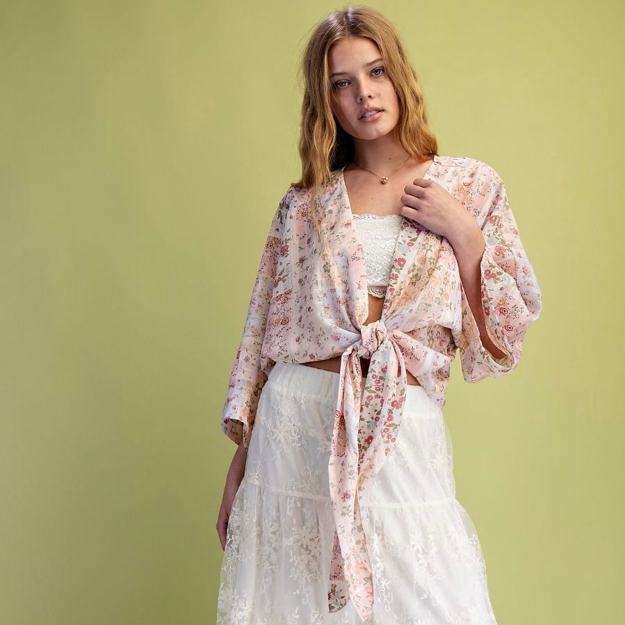 Floral Printed Crepe Tie Front Kimono