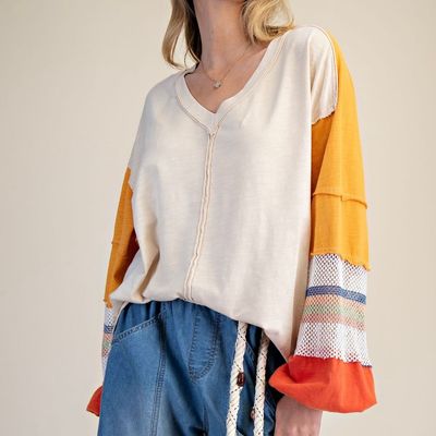 Striped Mesh Sleeve Pullover
