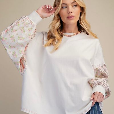 Floral and Striped Sleeve Pullover