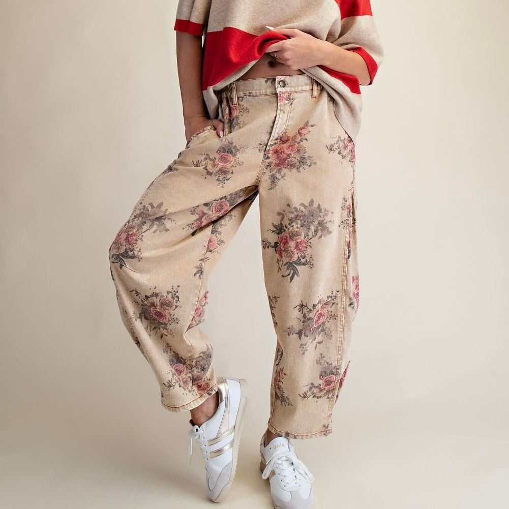 Floral Print Twill Barrel Pant