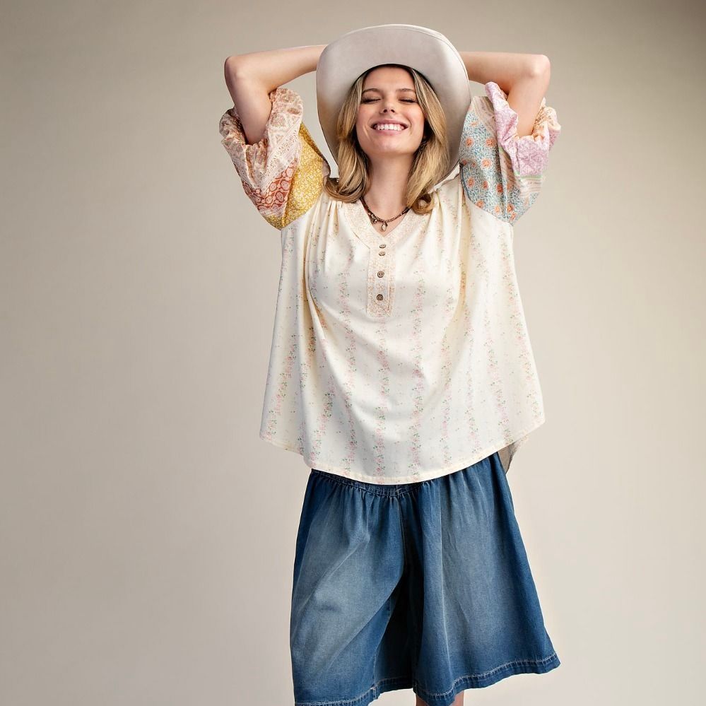 Mixed Print Washed Henley Top