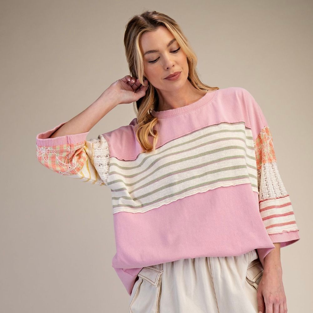 3/4 Sleeve Mixed Print Top