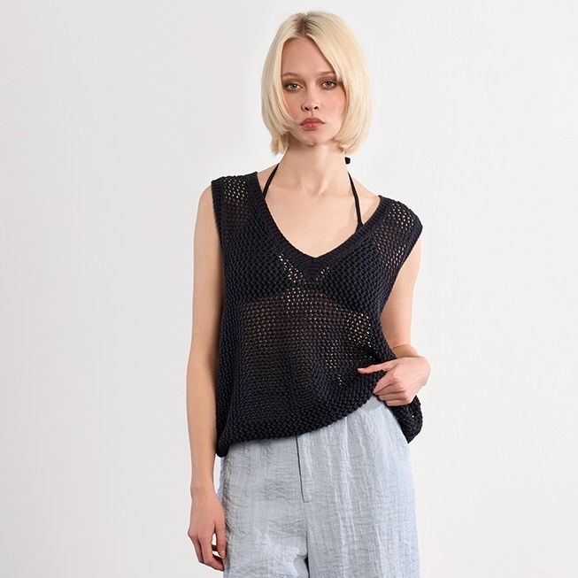 Open Knit V Neck Tank, Navy