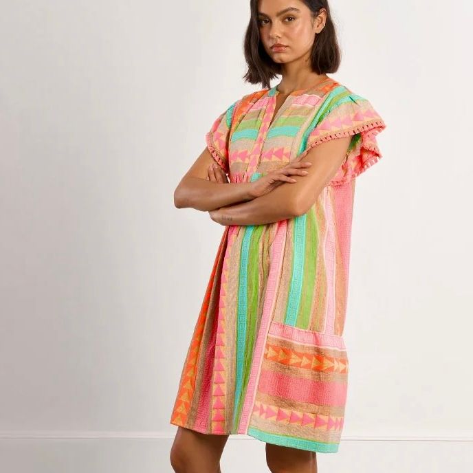 Pattern Stripe Dress w/Fringe Sleeve Detail, Multicolour