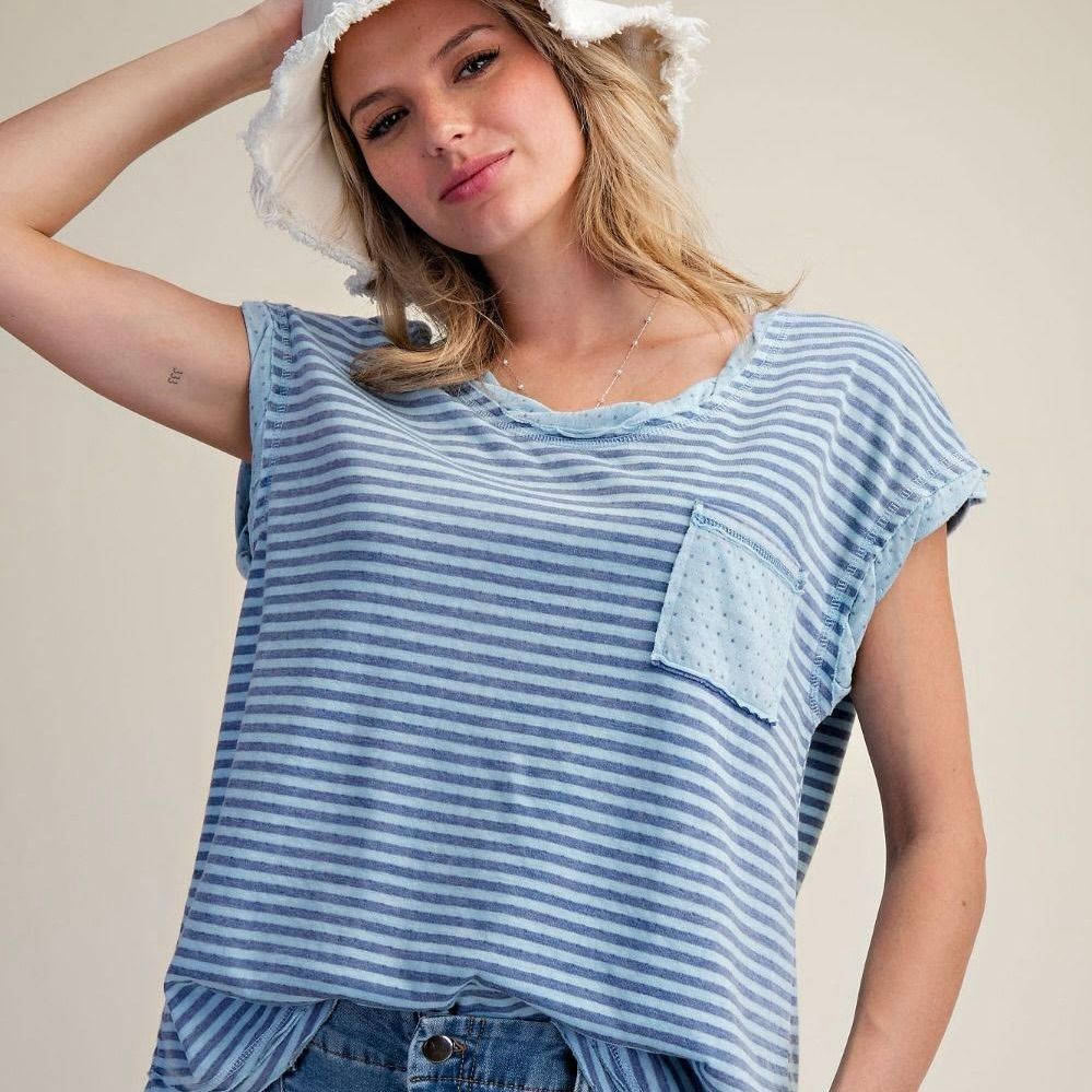 Cap Sleeve Striped Pocket Tee