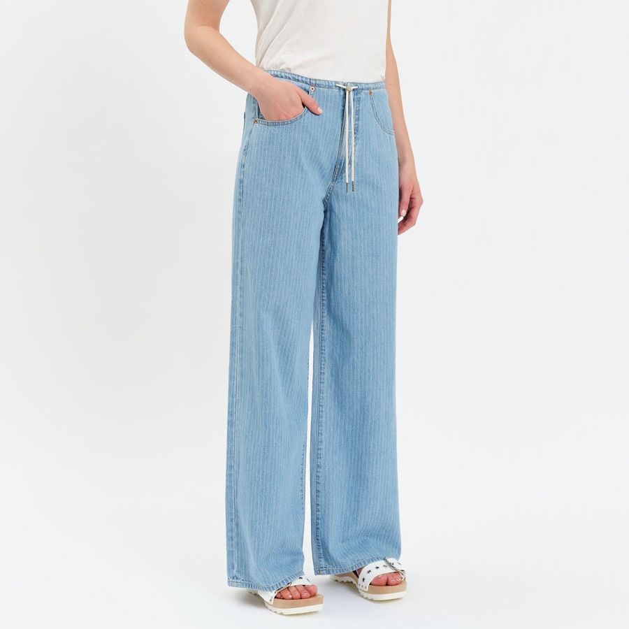 Madison Pinstripe Mid Rise Wide Leg Pant