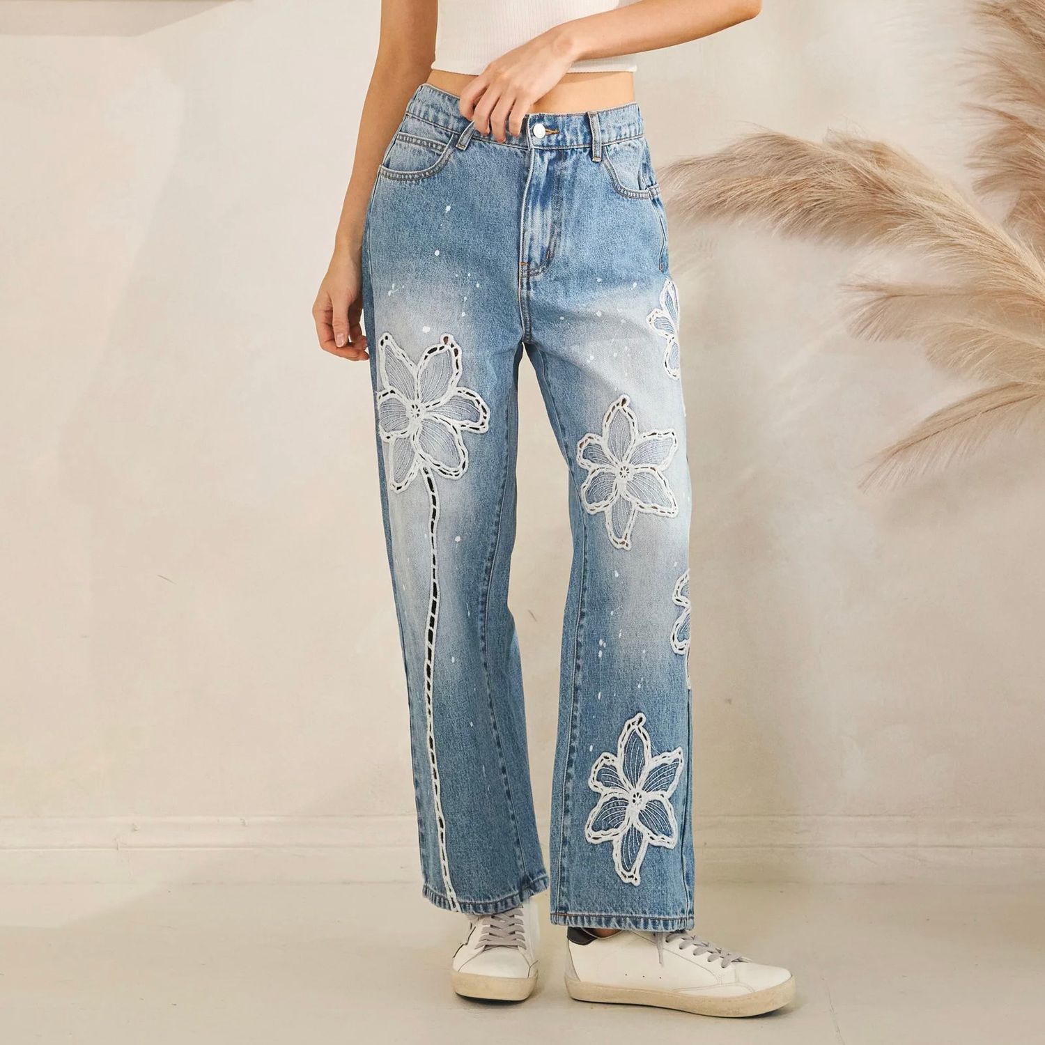 Washed Floral Straight Jean