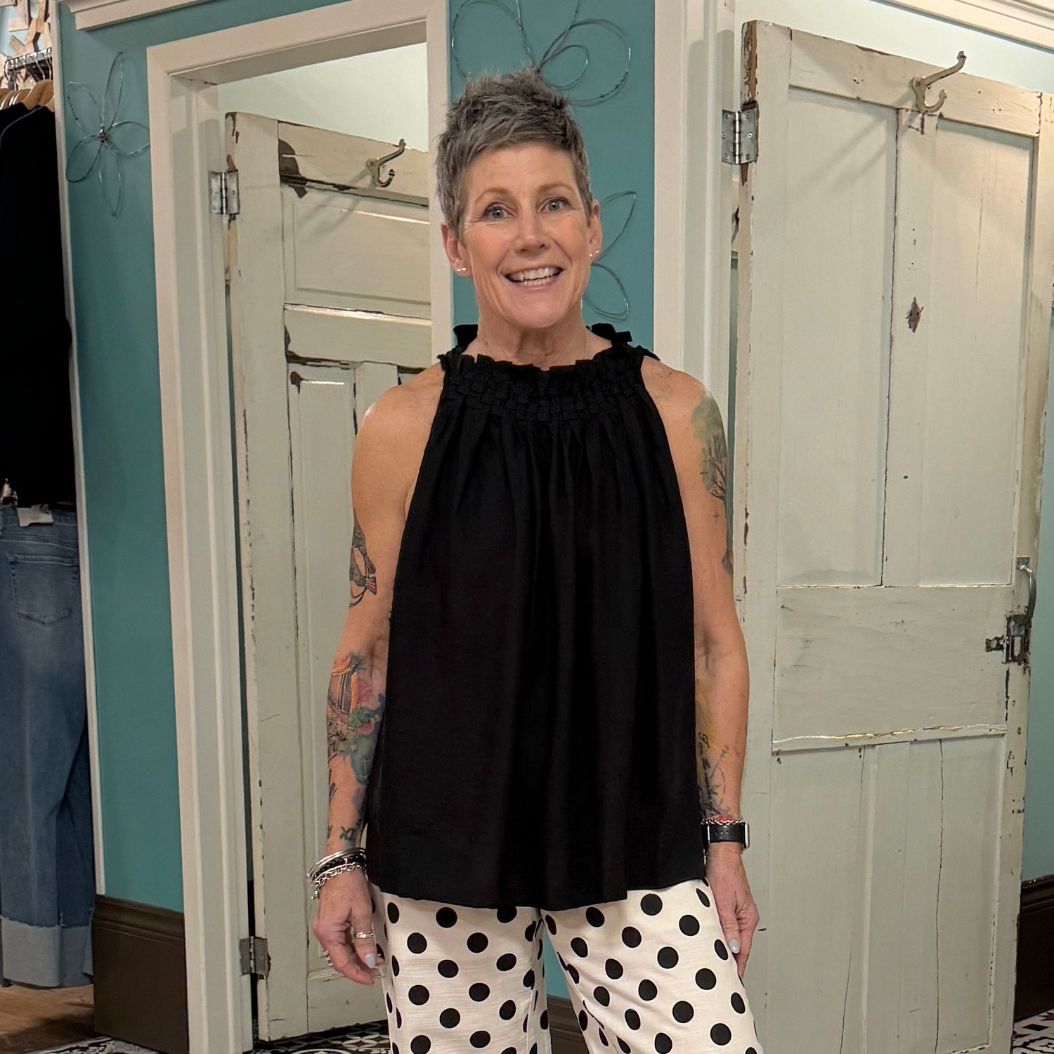 Woven Ruffle Neck Detail Top