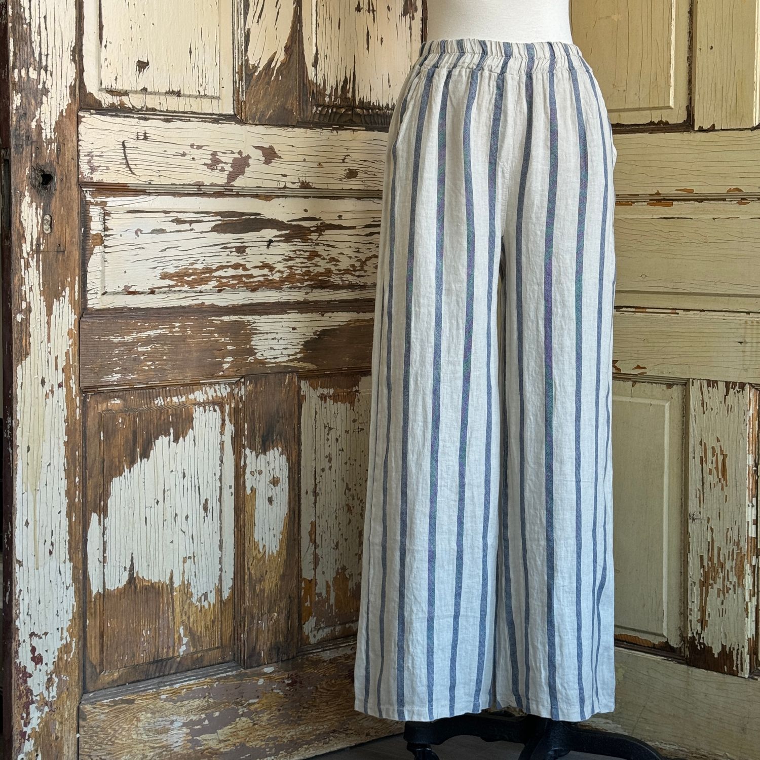 Wide Stripe Navy/ Sand Linen Pant, Seashell
