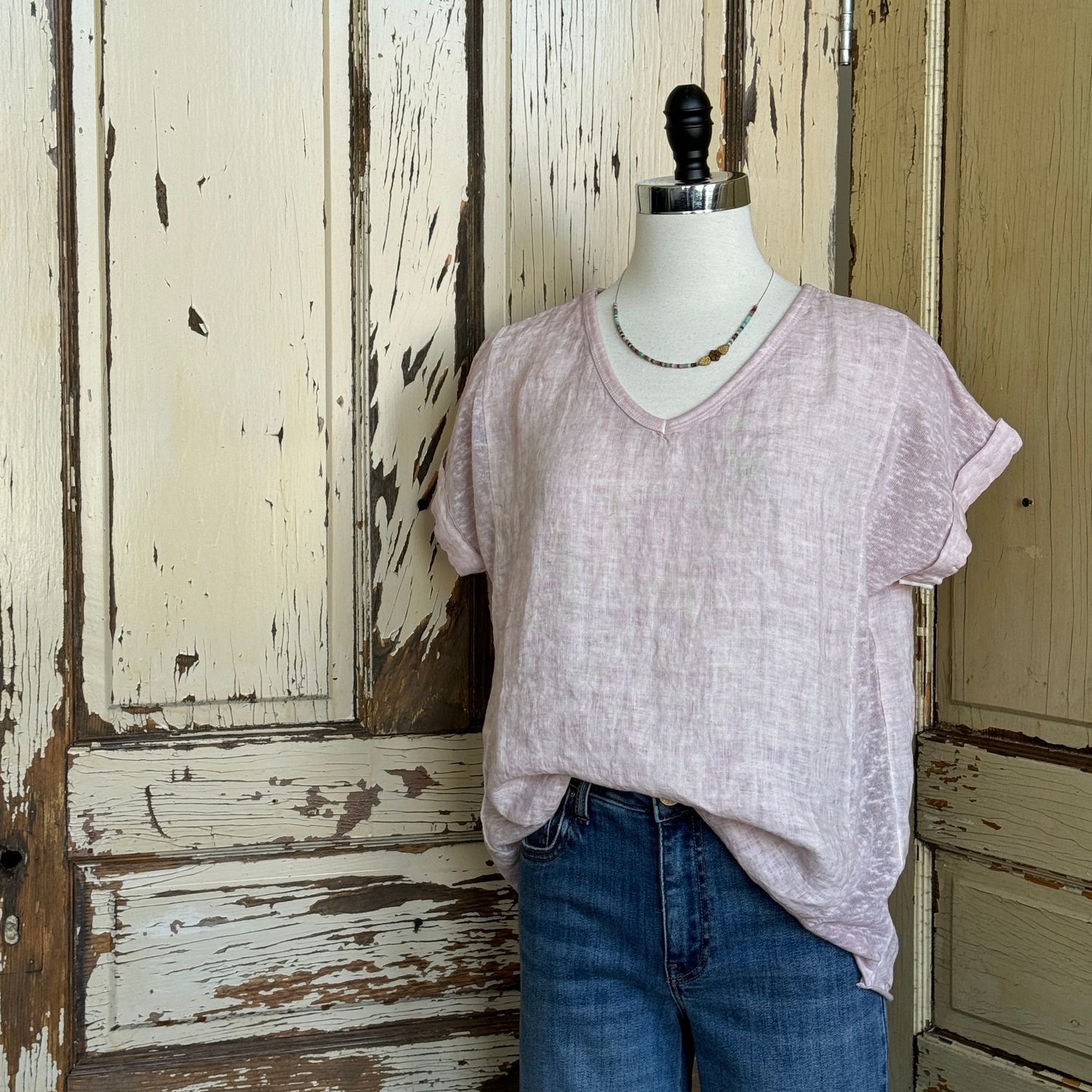 Rolled Hem V Neck Tee, Rose