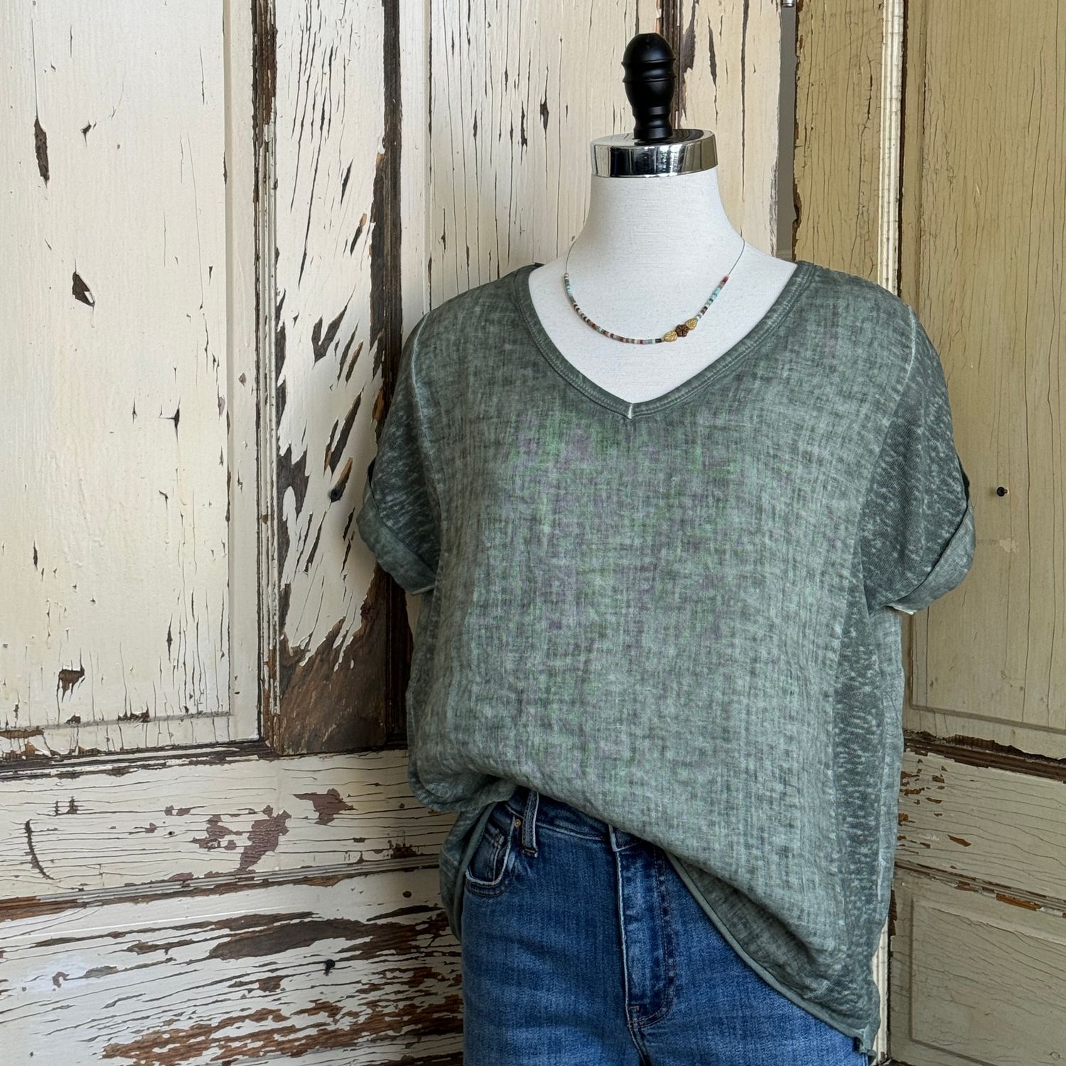 Rolled Hem V Neck Tee, Military