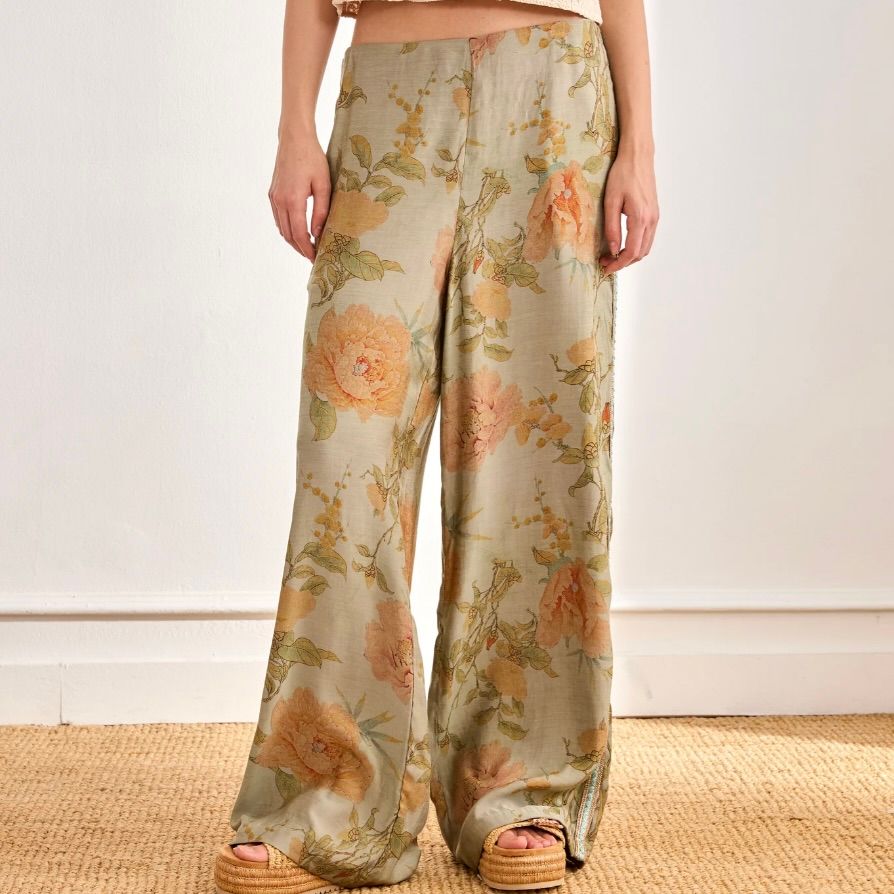 Floral Striped Trousers w/ Trim