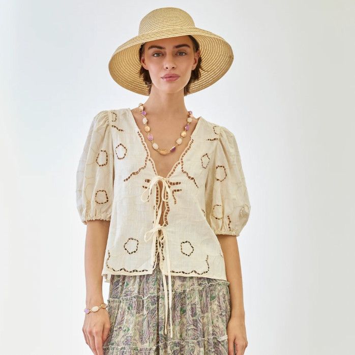 Blouse w/ Embroidered Flowers, Lace &amp; Bows