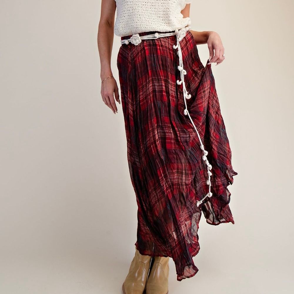 Plaid Crinkled Chiffon Skirt