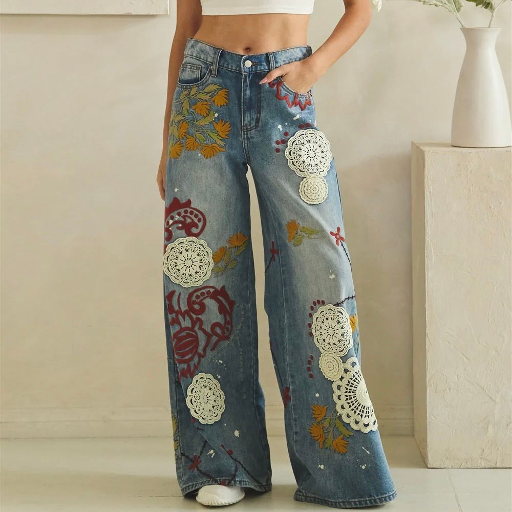 Washed Embroidery Wide Leg Jean