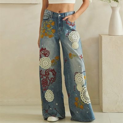 Washed Embroidery Wide Leg Jean