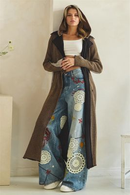 Fabric Mix Button Down Long Jacket