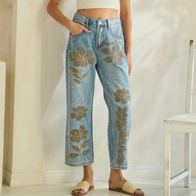 Floral Embroidered Denim Pants