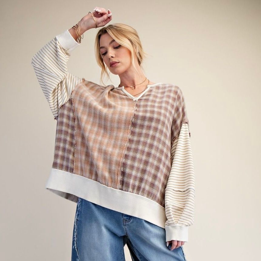 Plaid Mix Knit Top