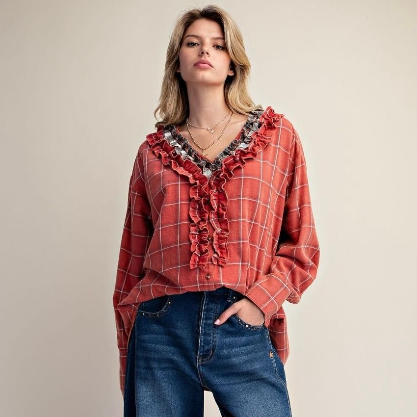 Plaid Woven Ruffle Edge Blouse