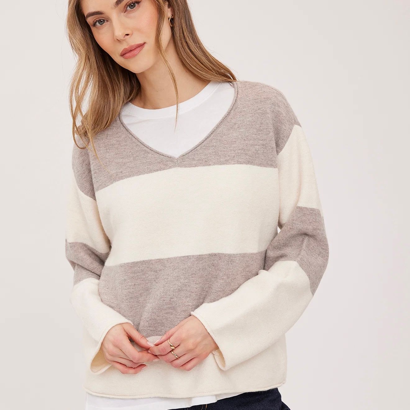 🇨🇦 Annalise LS Striped Sweater, Latte