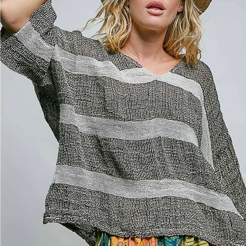 V Neck Linen Stripe Top