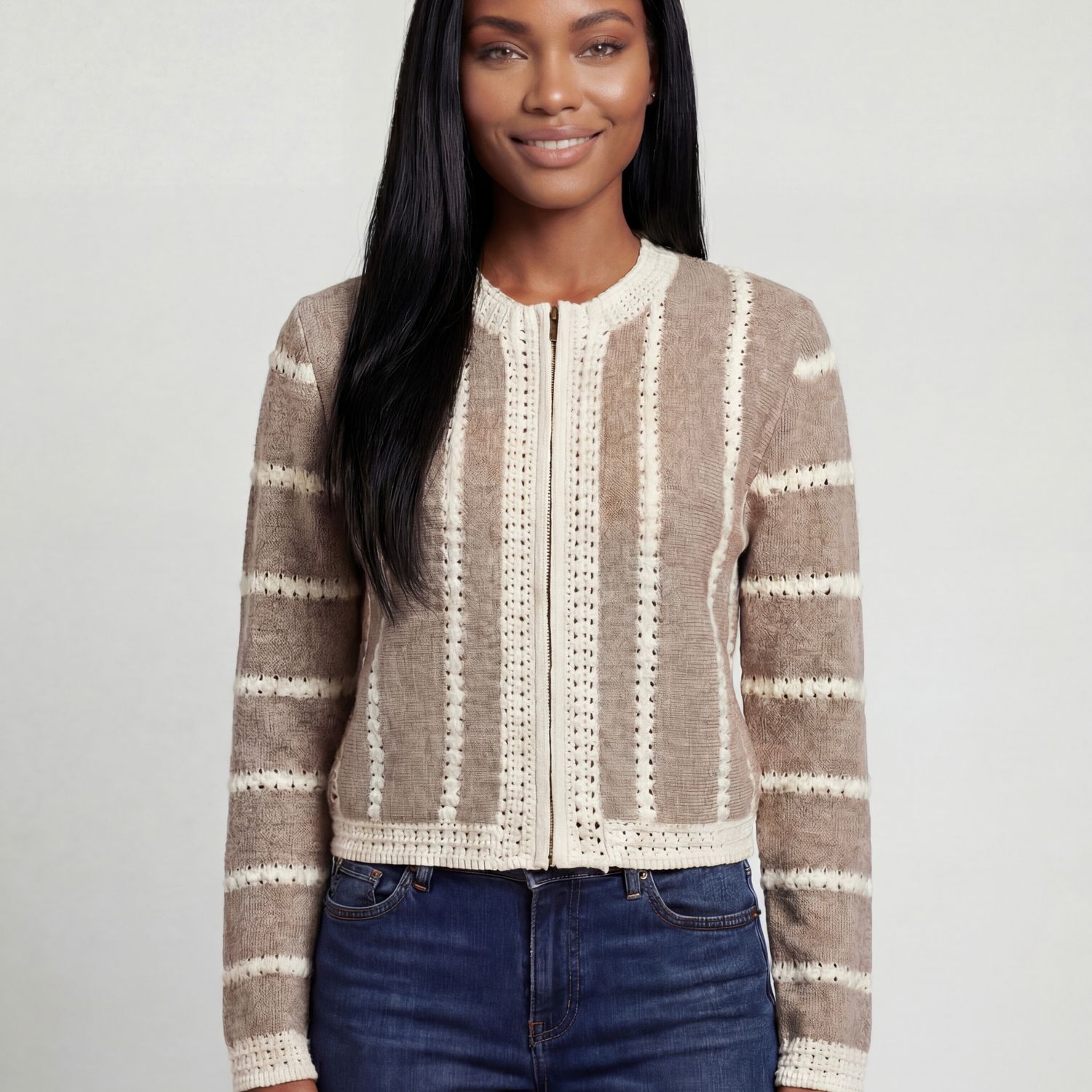 🇨🇦 Striped Open Knit Trim Zip Cardi