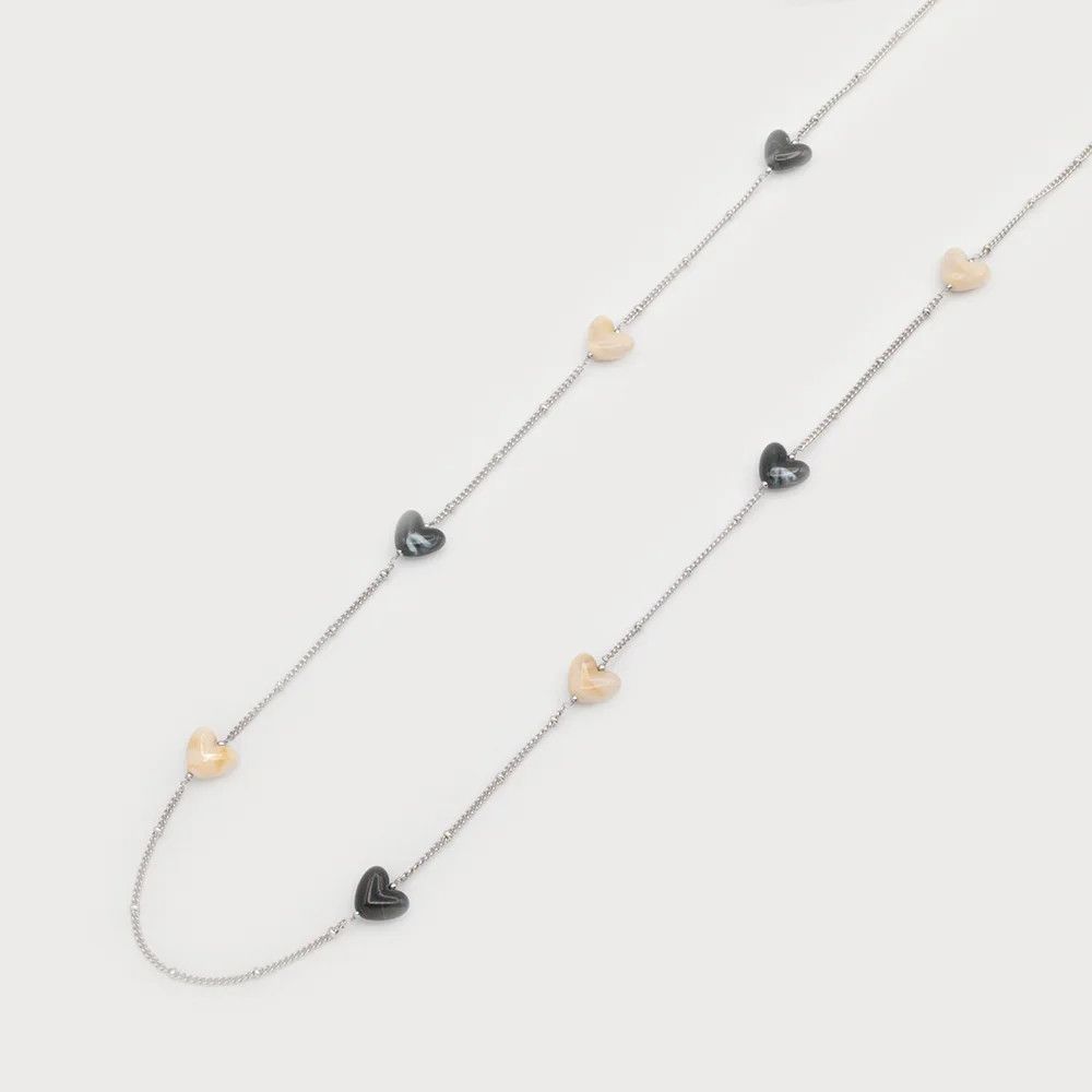Cream &amp; Grey Stone Heart Necklace, Silver