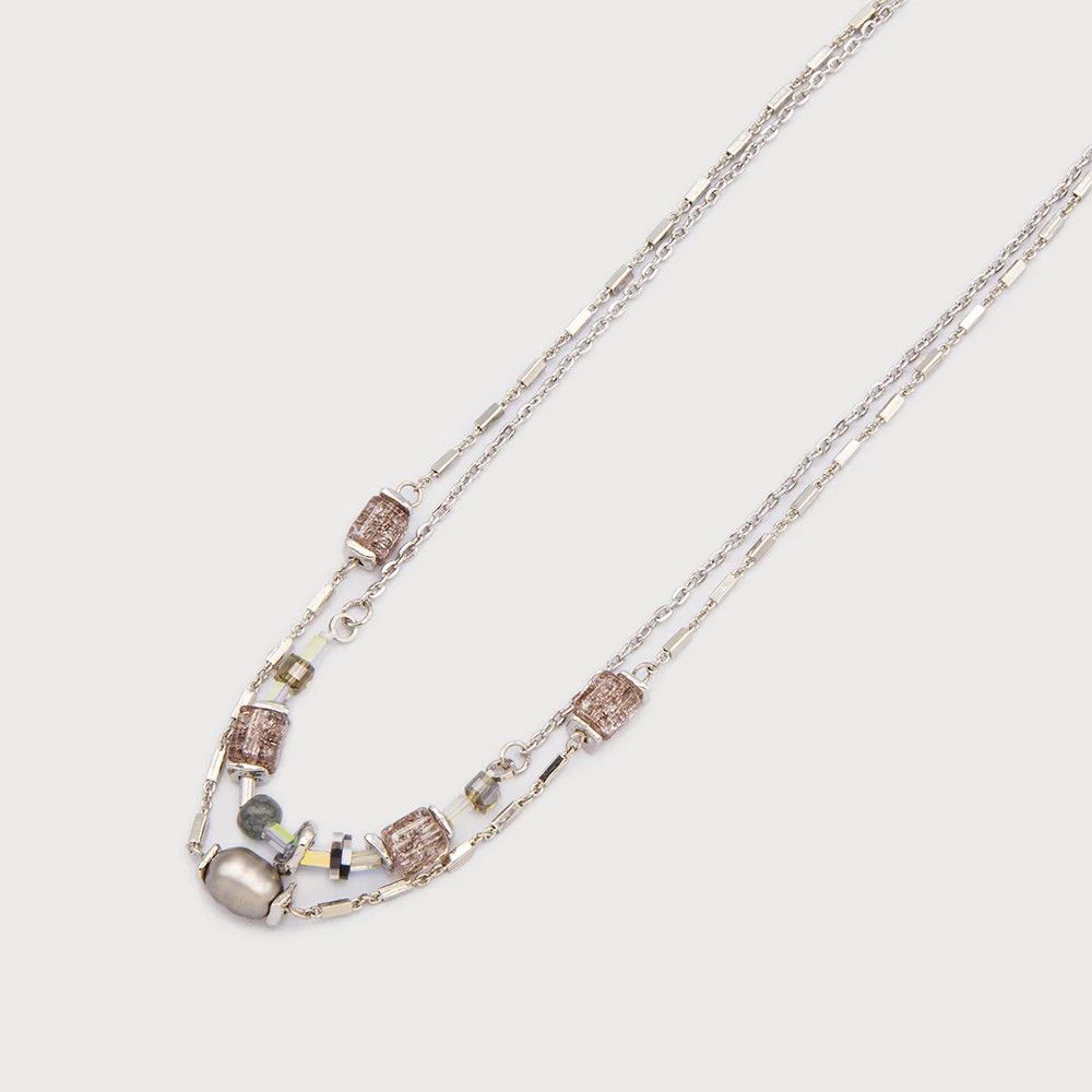 Dual Chain, Mixed Bead Necklace, Silver