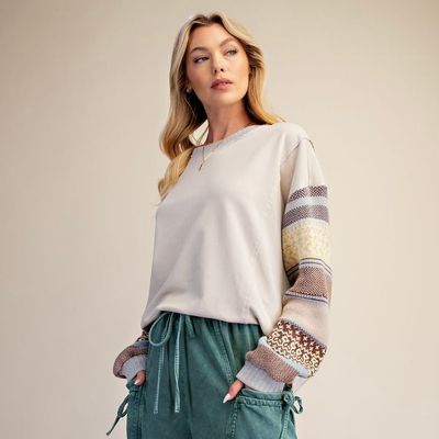 Multi Pattern Knit Sleeve Terry Pullover