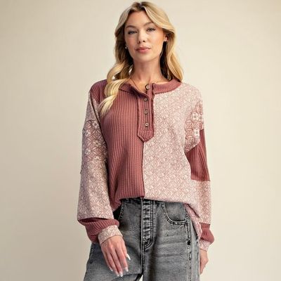 Print Mix Patchwork Henley Top