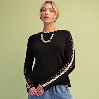 Knit Sweater Top w/ Crochet Panel