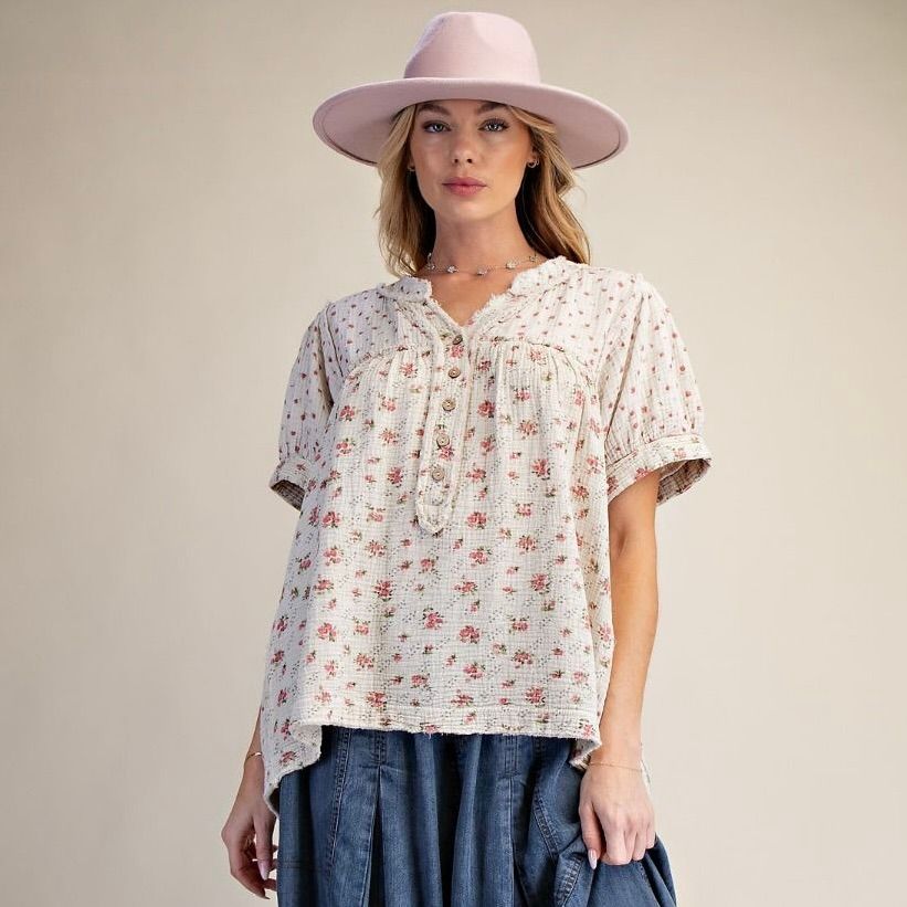 Floral Printed Cotton Gauze Top