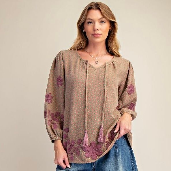 Bubble Sleeve Embroidered Top