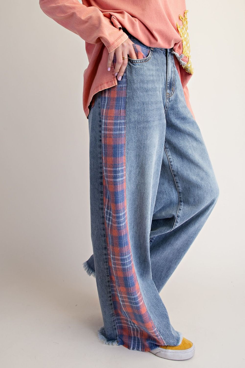 Plaid Mix Denim Pants
