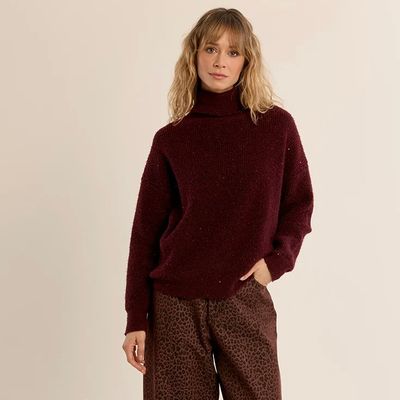Ribbed Sequin Turtleneck Sweater