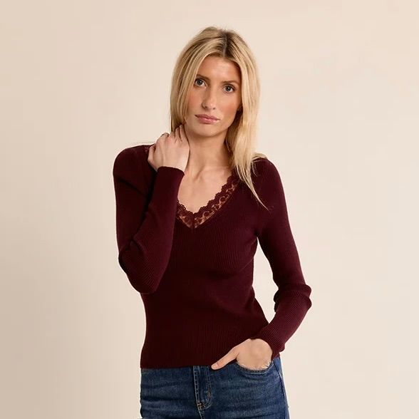 Lace V Neck Rib Knit Top
