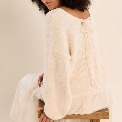 Lace Tie Back V Neck Sweater