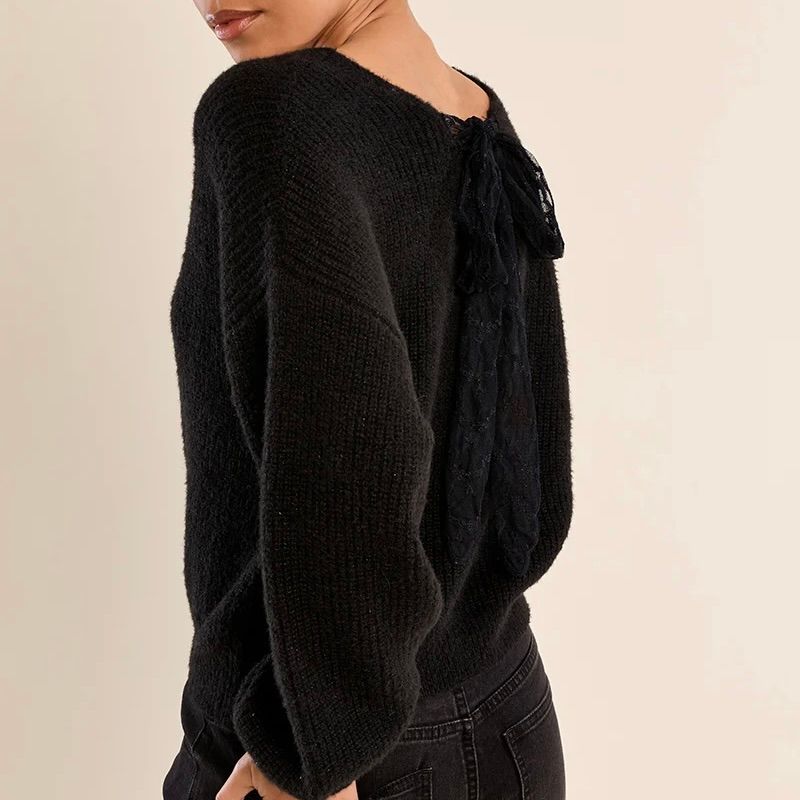Lace Tie Back V Neck Sweater