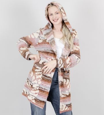 Varigated Hooded Long Cardigan