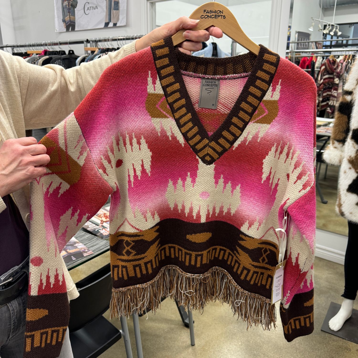 Navajo Knit Fringe Hem Sweater