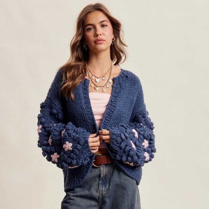 Hand Knit Floral Bobble Sleeve Cardigan
