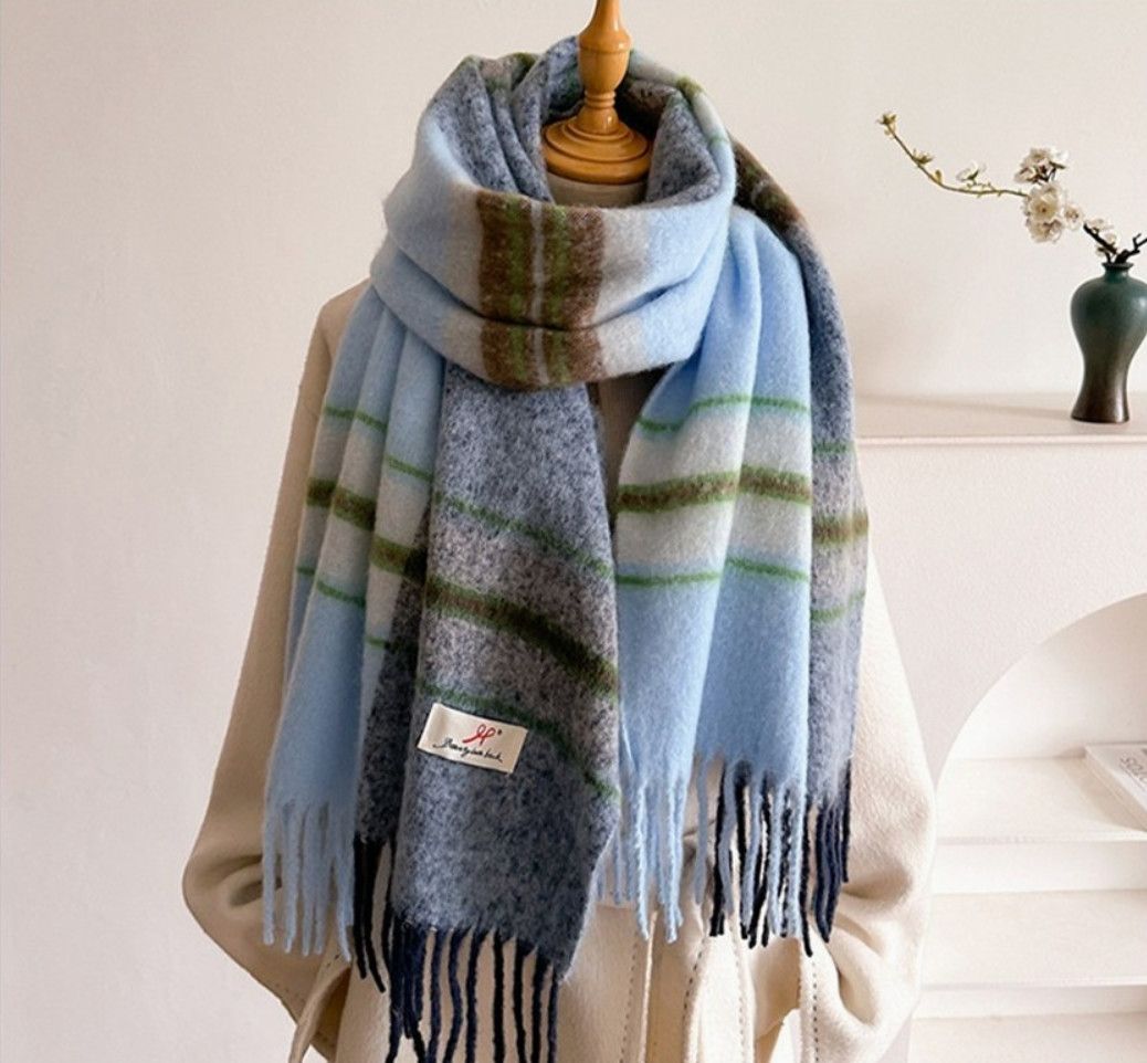Long Striped Knit Fringe Scarf