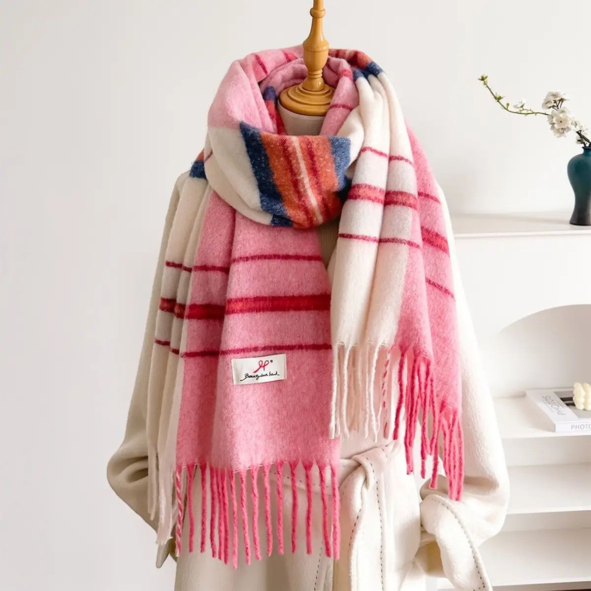 Long Striped Knit Fringe Scarf
