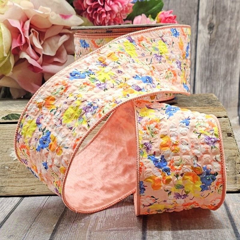 3" x 10yds poplin mix floral, coral yellow blue