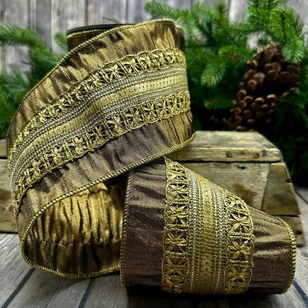 4" x 5yds metallic dupion platinum metallic sequin center trim bronze