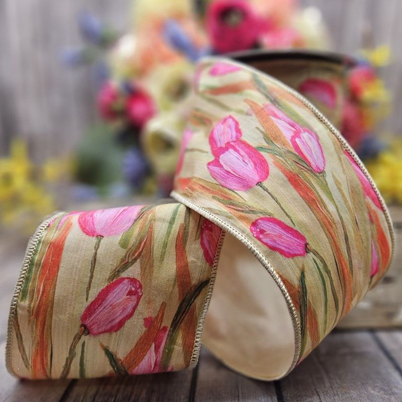 4" x 10yds poplin watercolor tulips pink green orange